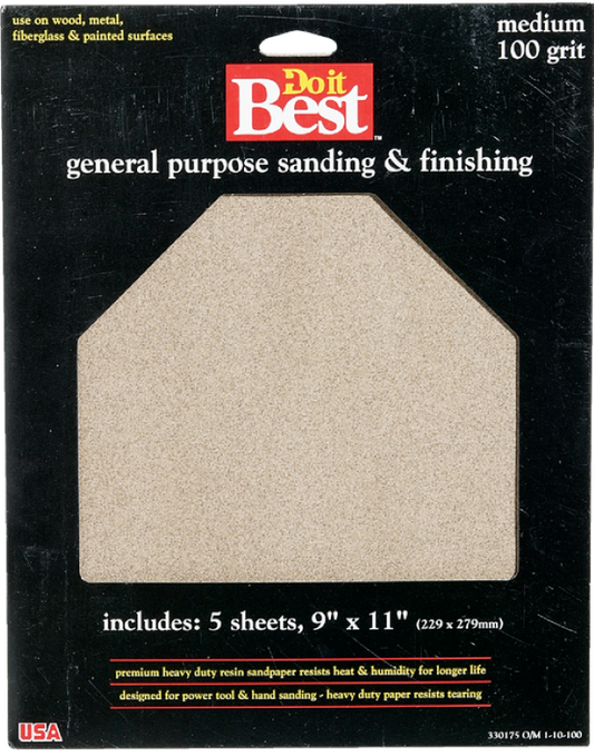 Do it Best General Purpose 9 In. x 11 In. 100 Grit Medium Sandpaper (5-Pack)