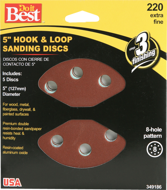 Do it Best 5 In. 220-Grit 8-Hole Pattern Vented Sanding Disc with Hook & Loop Backing (5-Pack)